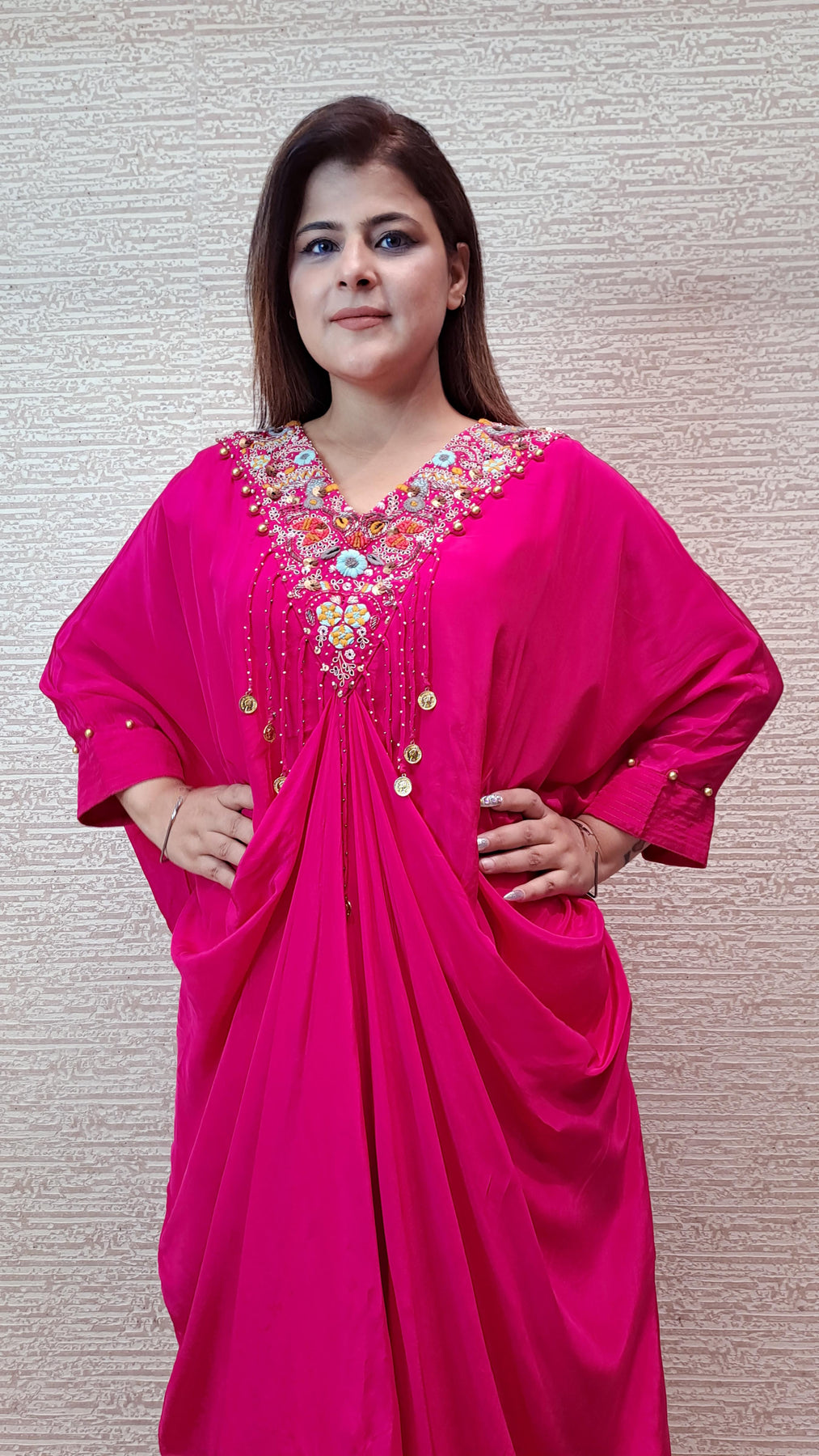 Glamourous Pink Kaftan Dress With Multi Color Resham Embroidery