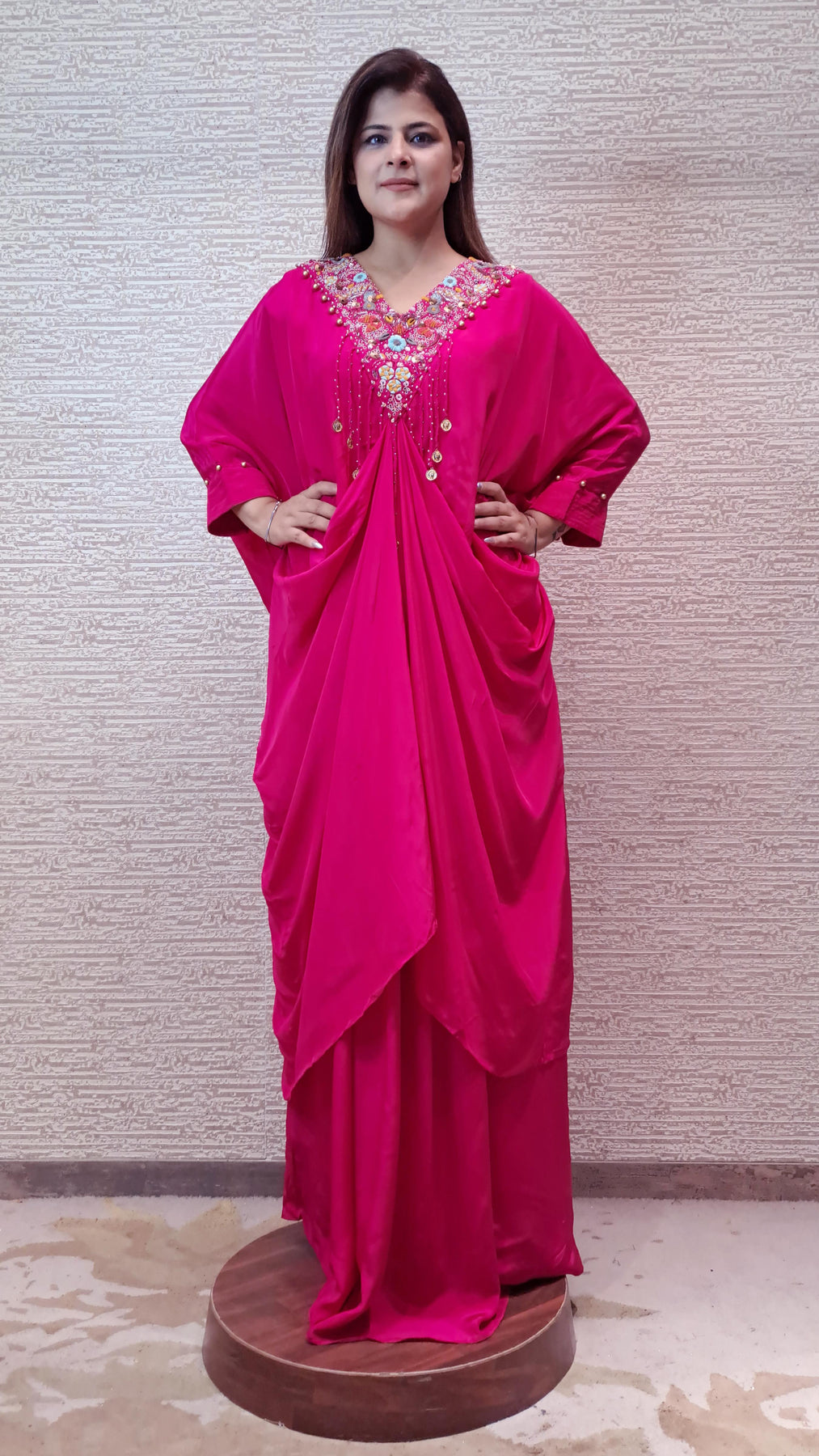 Glamourous Pink Kaftan Dress With Multi Color Resham Embroidery