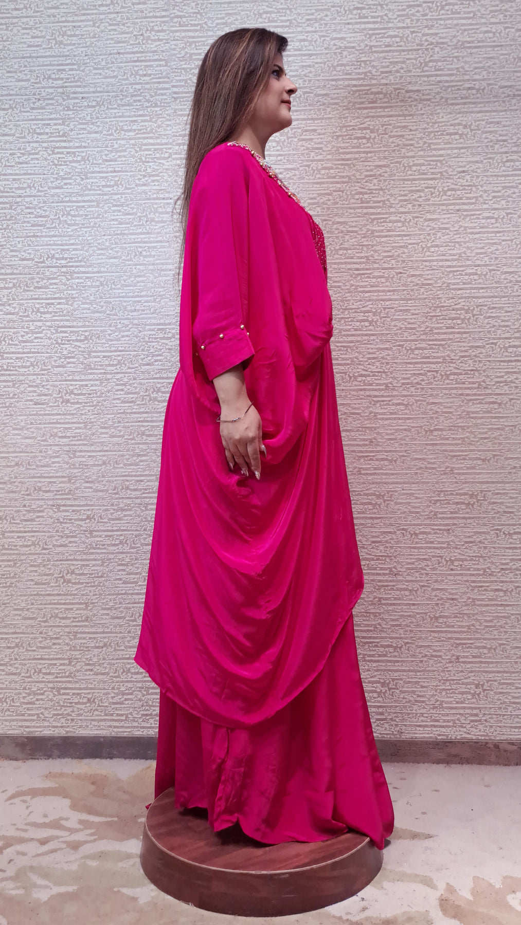 Glamourous Pink Kaftan Dress With Multi Color Resham Embroidery