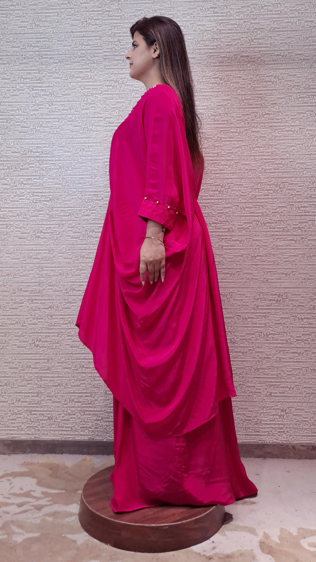 Glamourous Pink Kaftan Dress With Multi Color Resham Embroidery