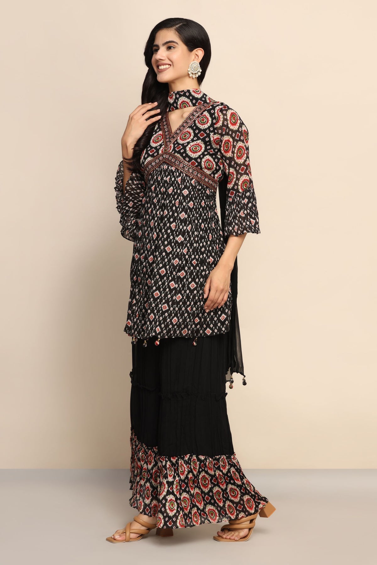 Elegant Black and Red Georgette Suit - Dabka, Jarkan, Mirror Work