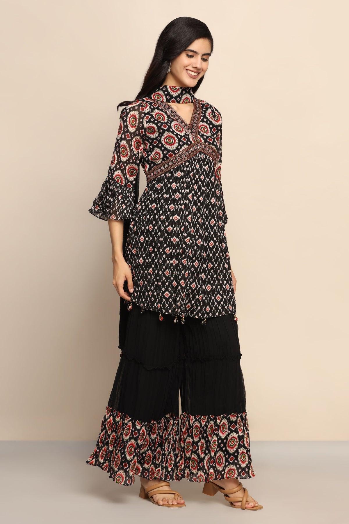 Elegant Black and Red Georgette Suit - Dabka, Jarkan, Mirror Work