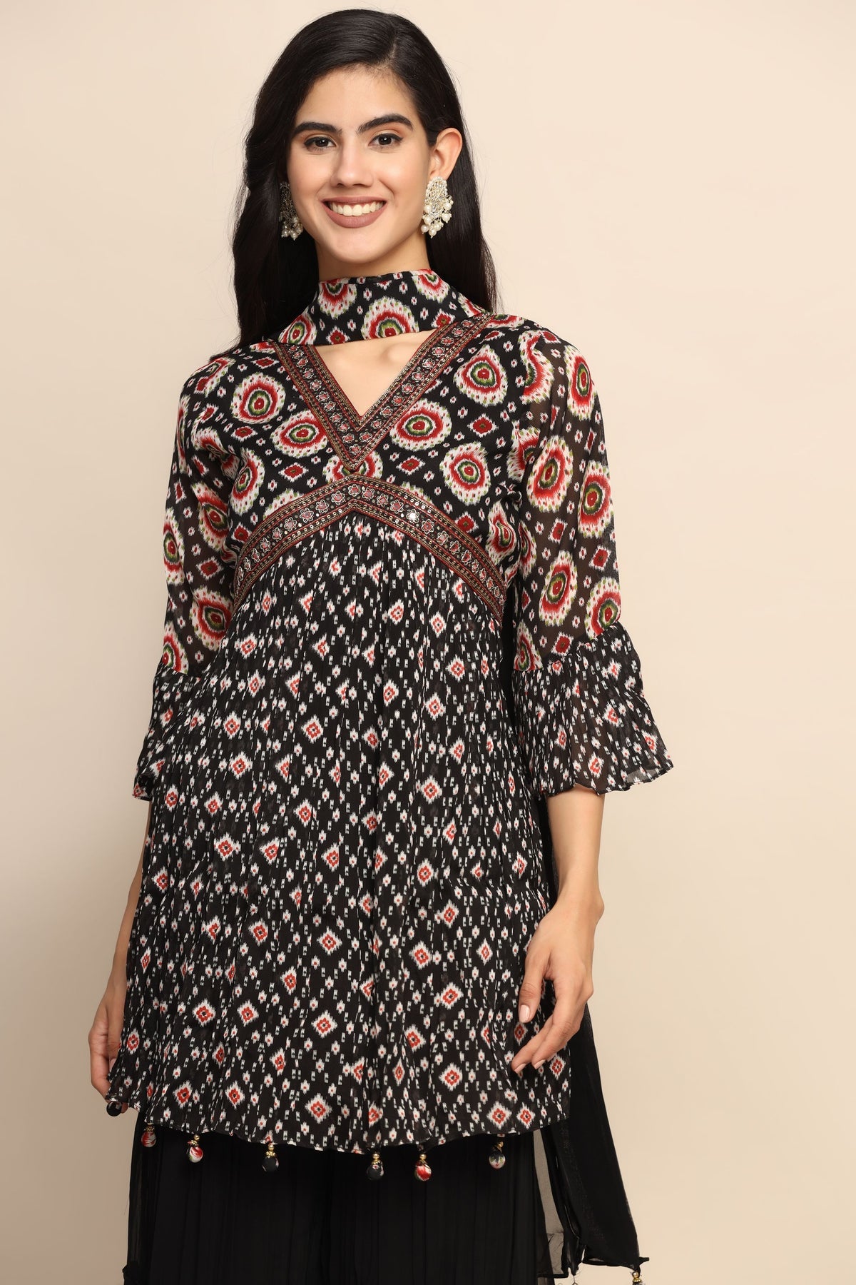 Elegant Black and Red Georgette Suit - Dabka, Jarkan, Mirror Work