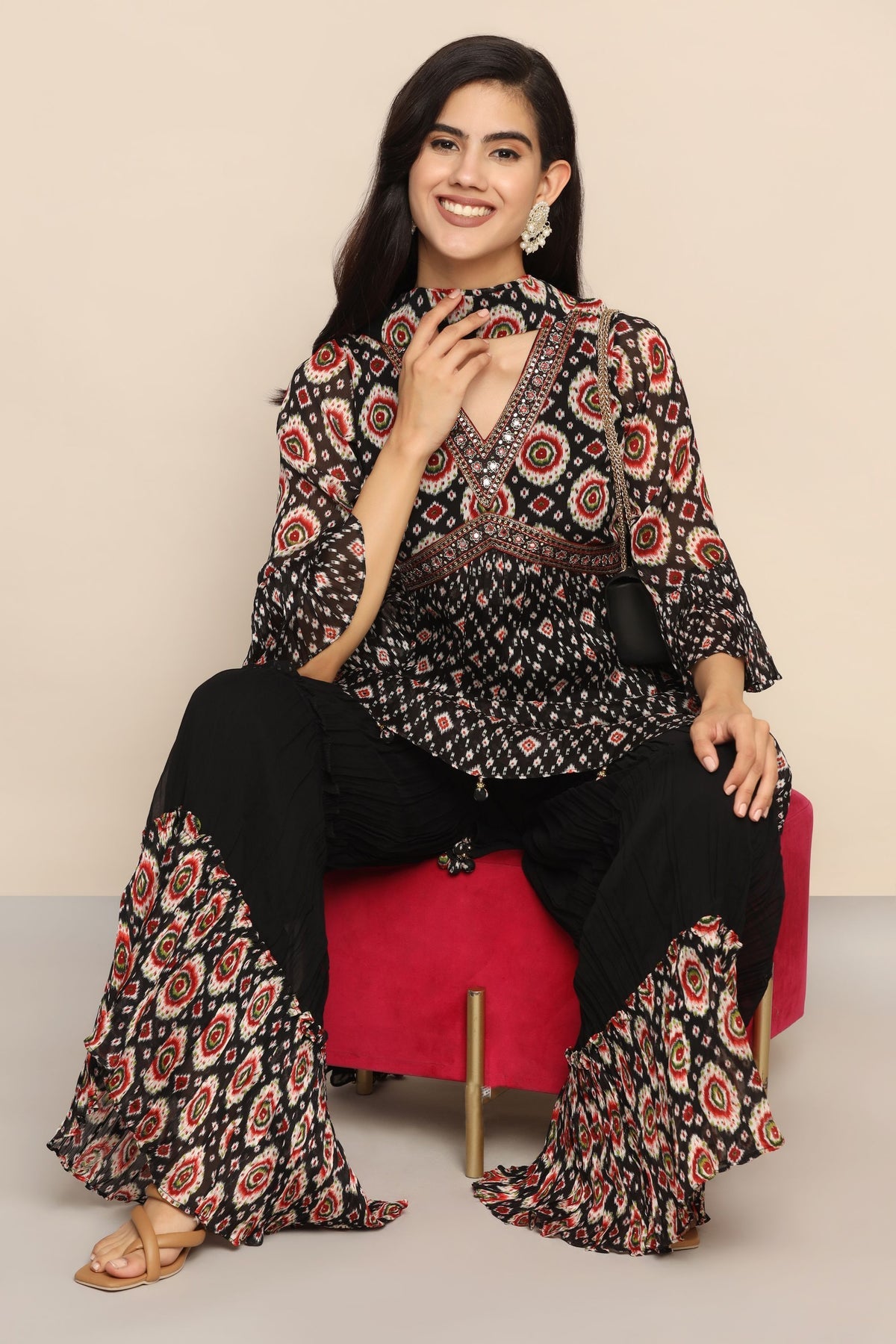 Elegant Black and Red Georgette Suit - Dabka, Jarkan, Mirror Work