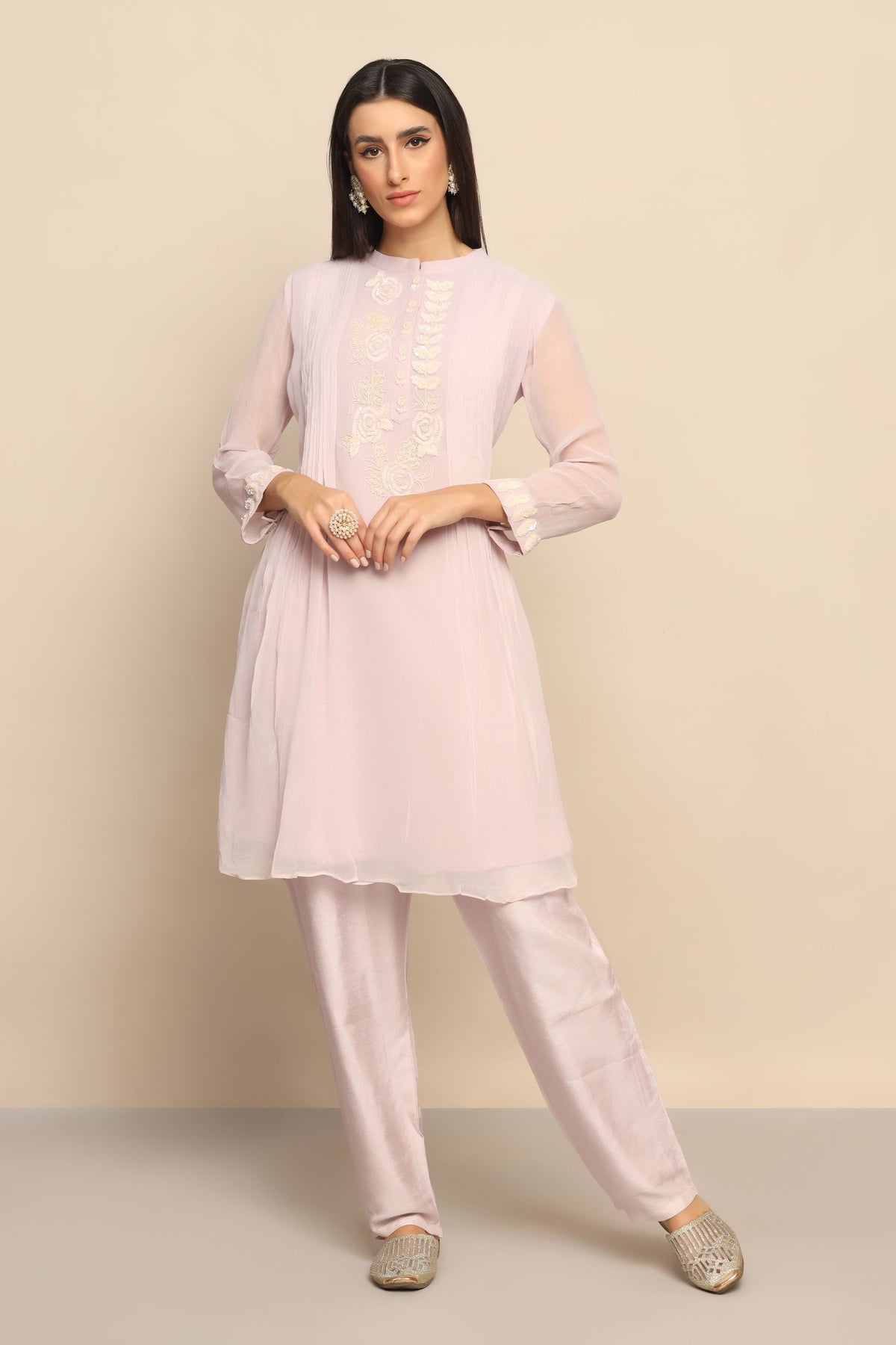 Elegant Baby Pink Dress with Cut Dana, Beads, and Sequins