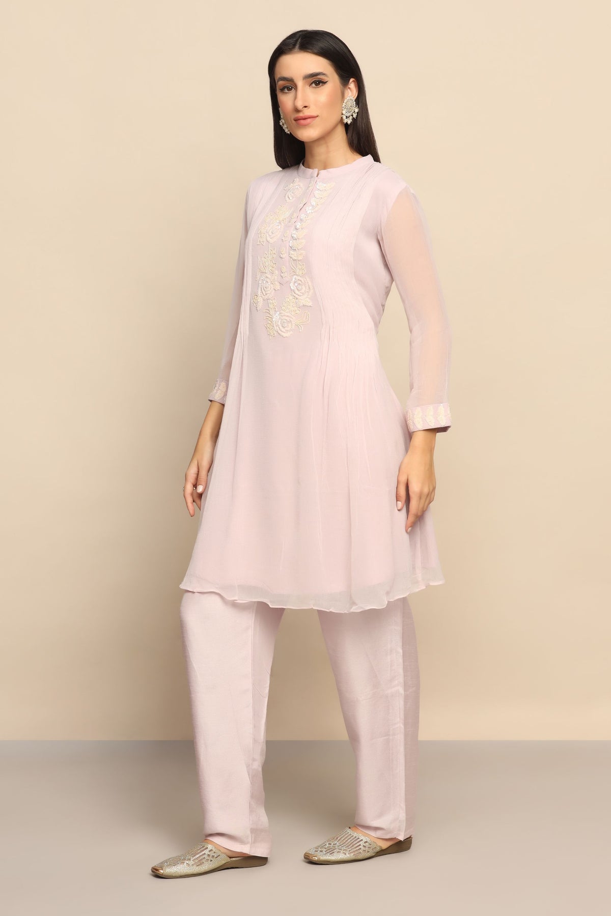 Elegant Baby Pink Dress with Cut Dana, Beads, and Sequins