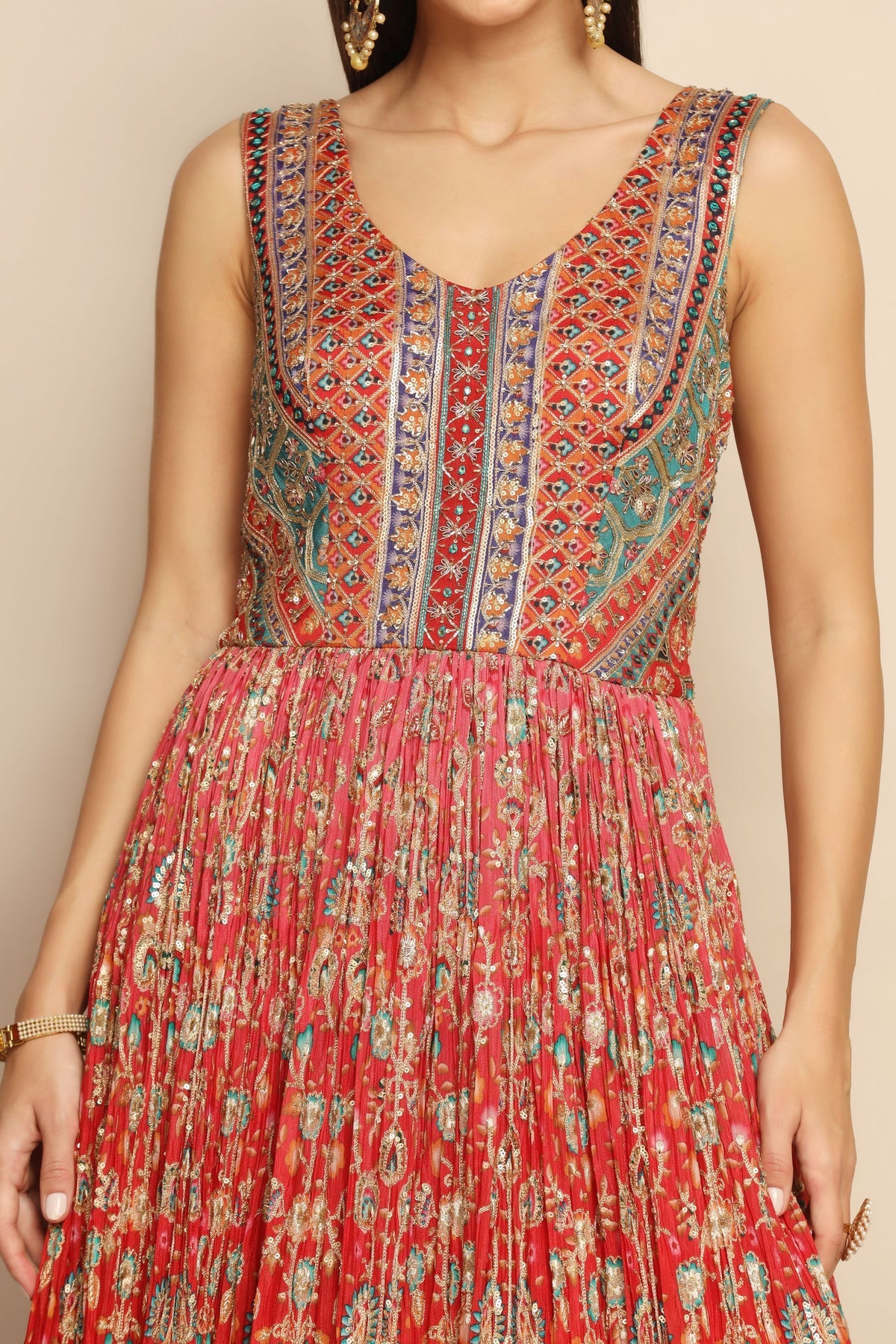 Captivating Red Dress with Sequins and Zari - Sparkle with Elegance