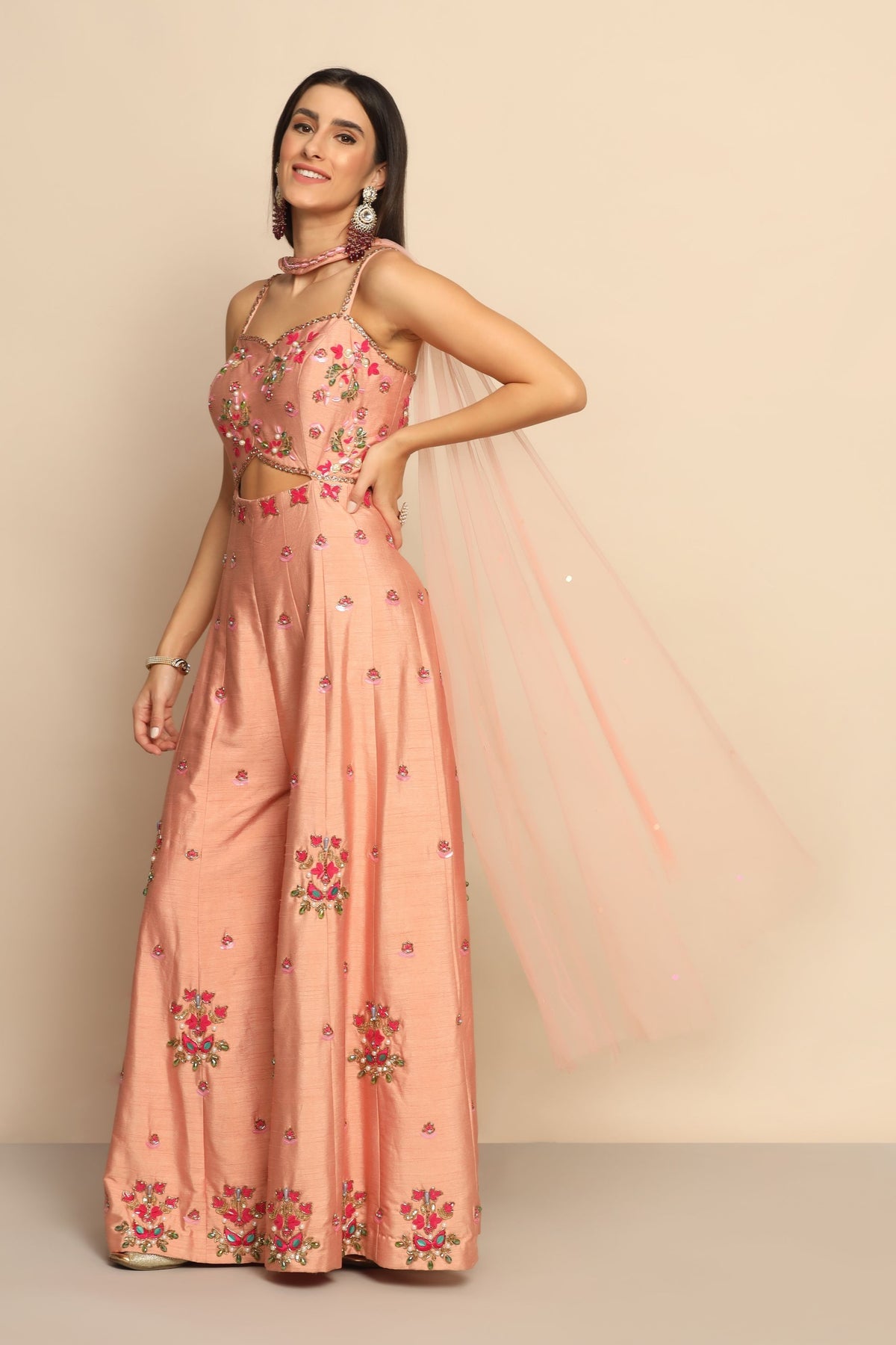 Elegant Peach Dress with Sequins, Beads, and Cut Dana