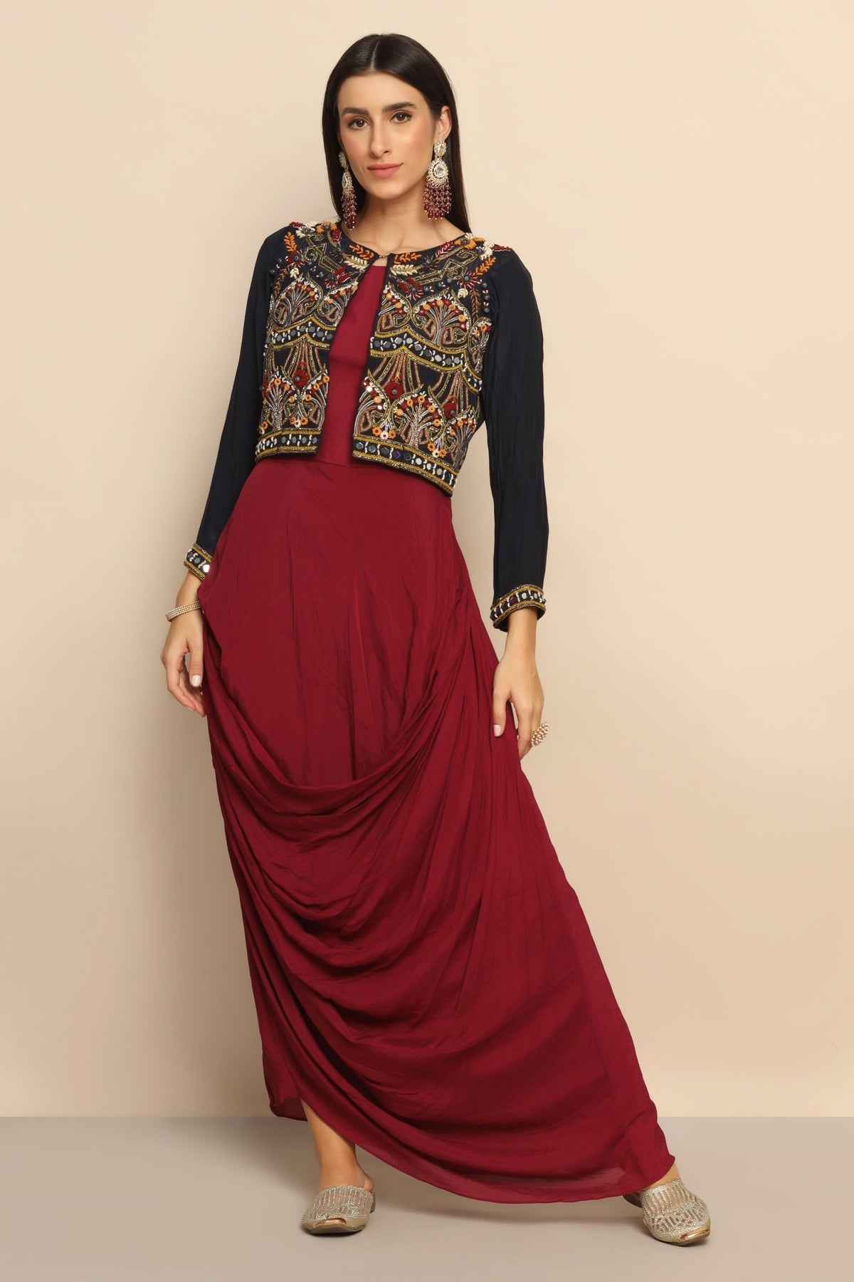 Reflective Sophistication: Wine Dress with Mirror Thread Work