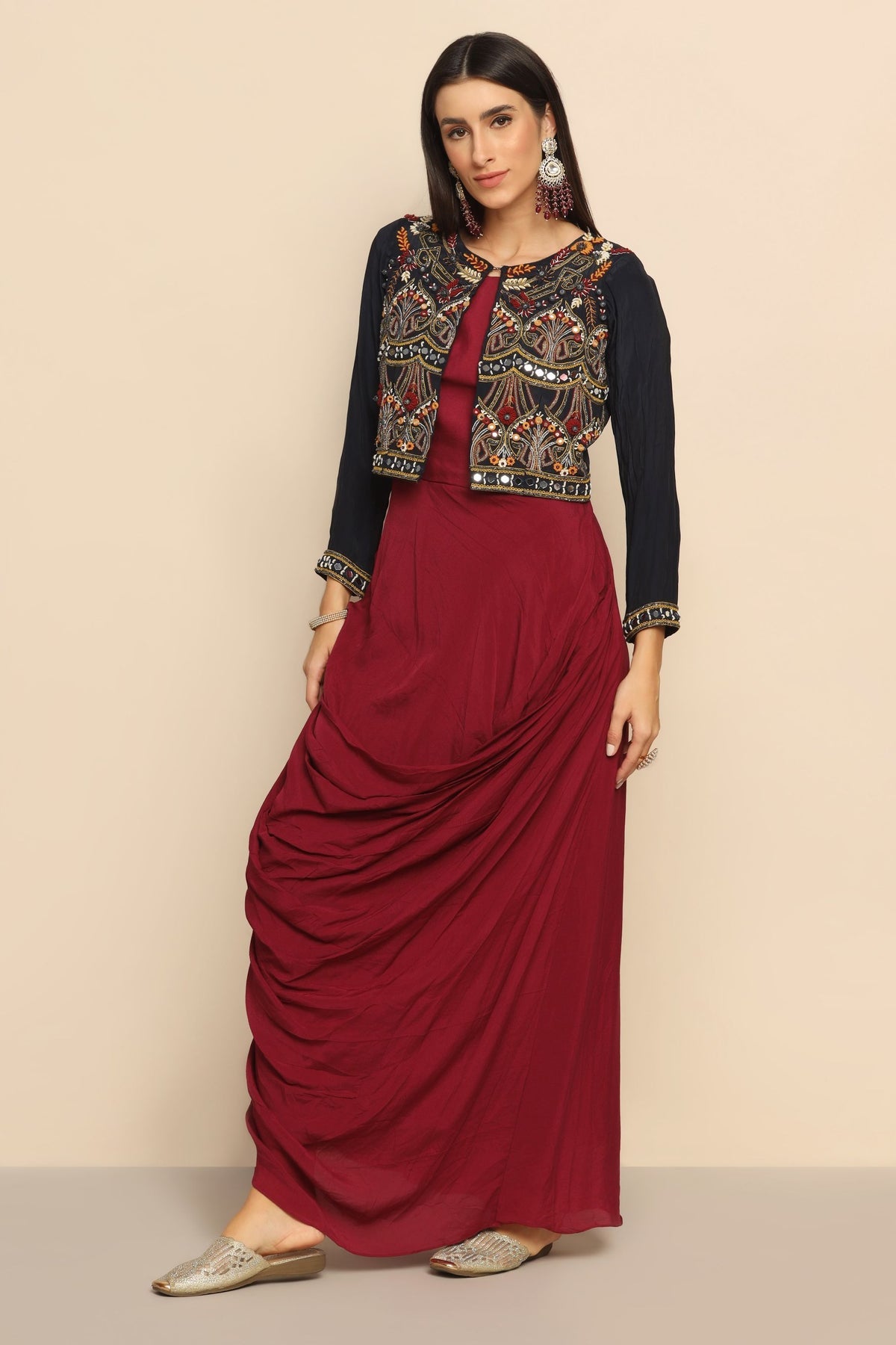 Reflective Sophistication: Wine Dress with Mirror Thread Work