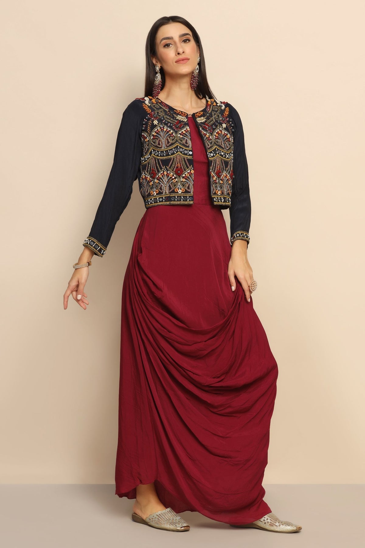 Reflective Sophistication: Wine Dress with Mirror Thread Work