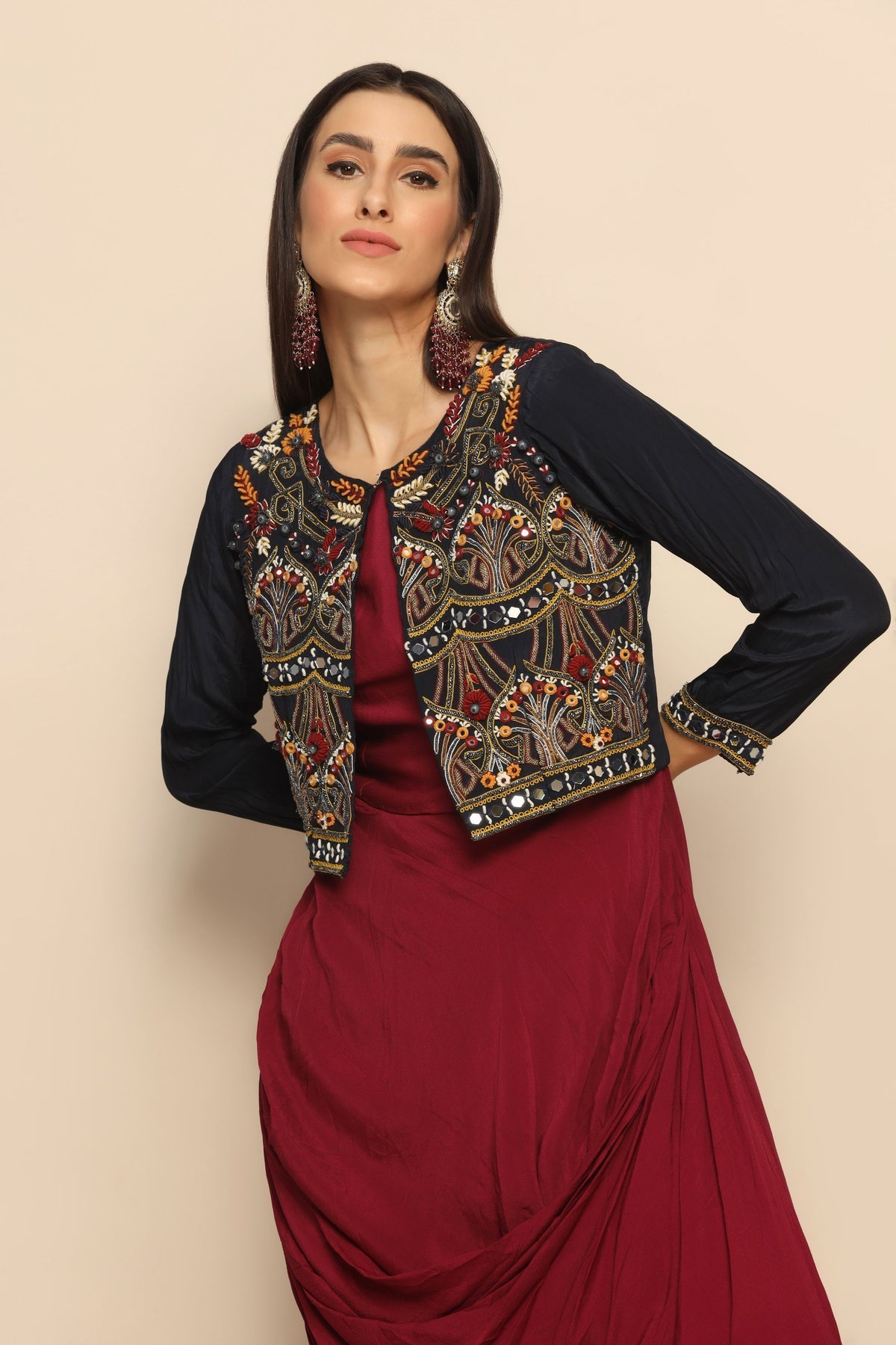 Reflective Sophistication: Wine Dress with Mirror Thread Work