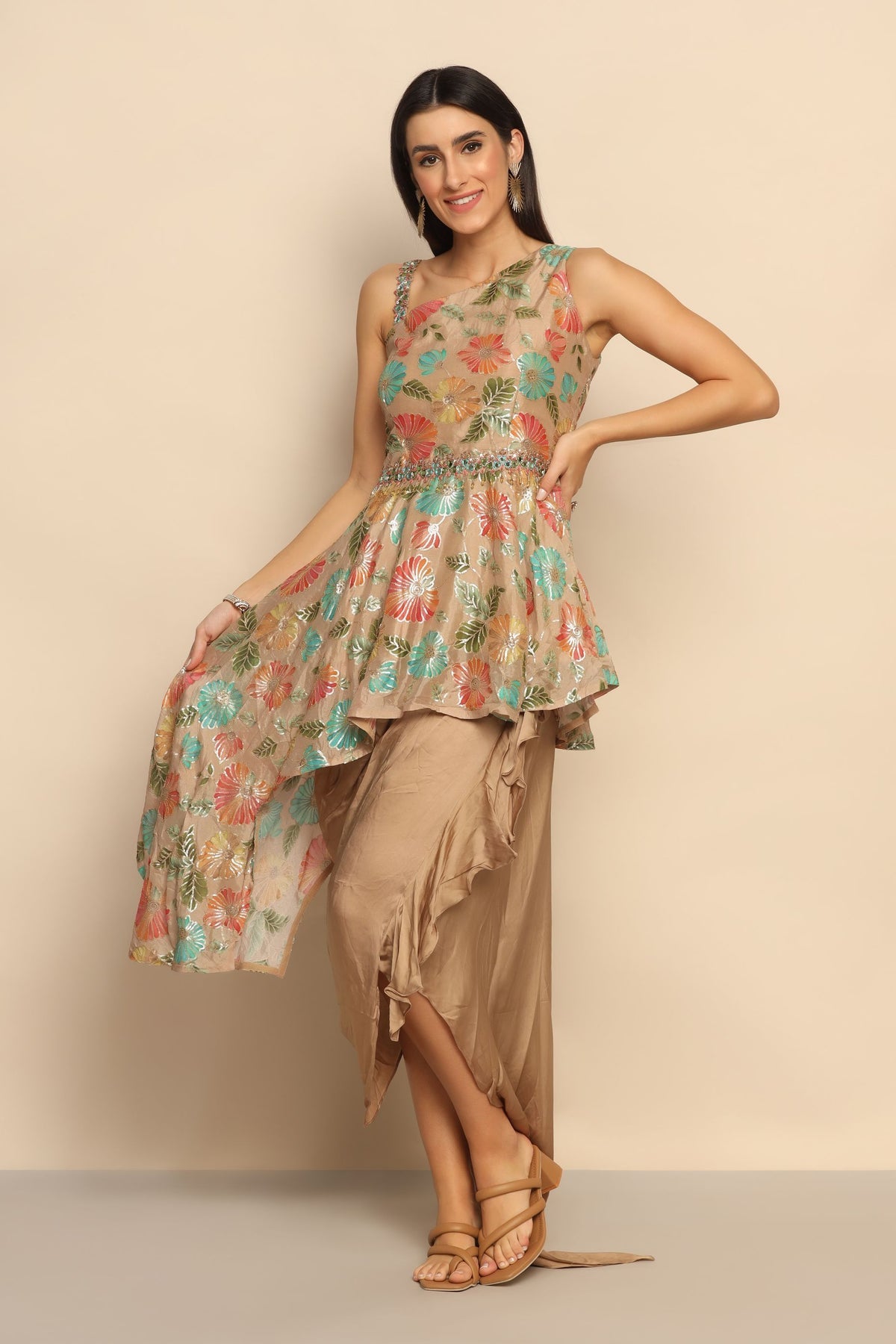 Radiant Glamour: Brown Dress with Mirror, Sequins, and Bead Embellishments