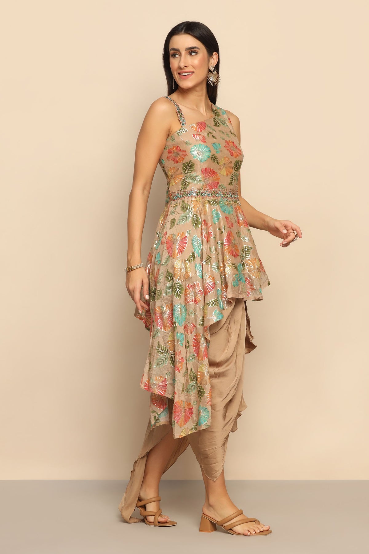 Radiant Glamour: Brown Dress with Mirror, Sequins, and Bead Embellishments