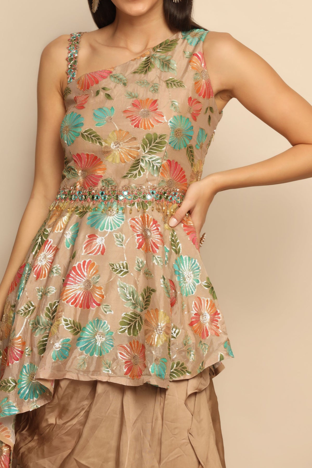 Radiant Glamour: Brown Dress with Mirror, Sequins, and Bead Embellishments