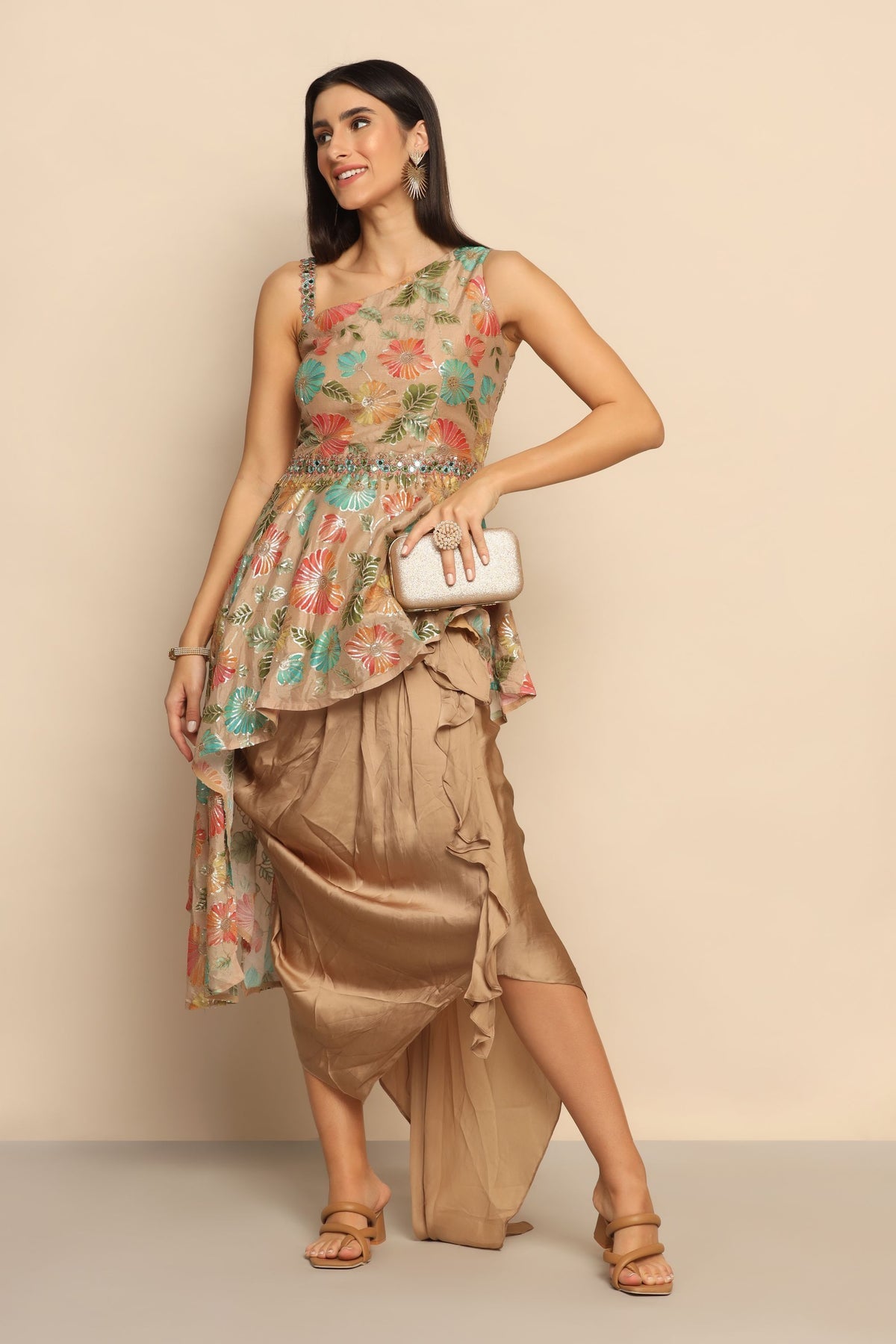 Radiant Glamour: Brown Dress with Mirror, Sequins, and Bead Embellishments