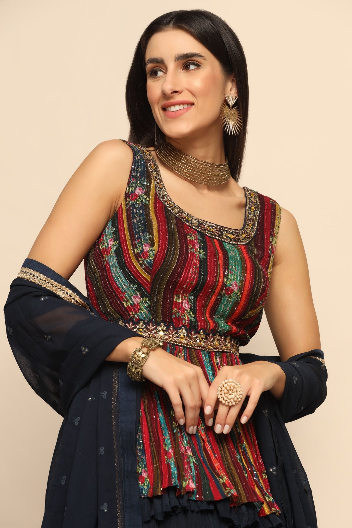 Regal Opulence: Multi-Kundan, Zari Work, and Sequins Dress