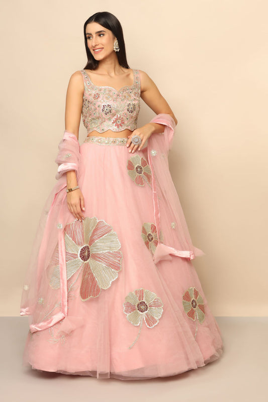 Enchanting Baby Pink Lehenga with Gota Mirror and Swarovski - Embrace Ethereal Beauty