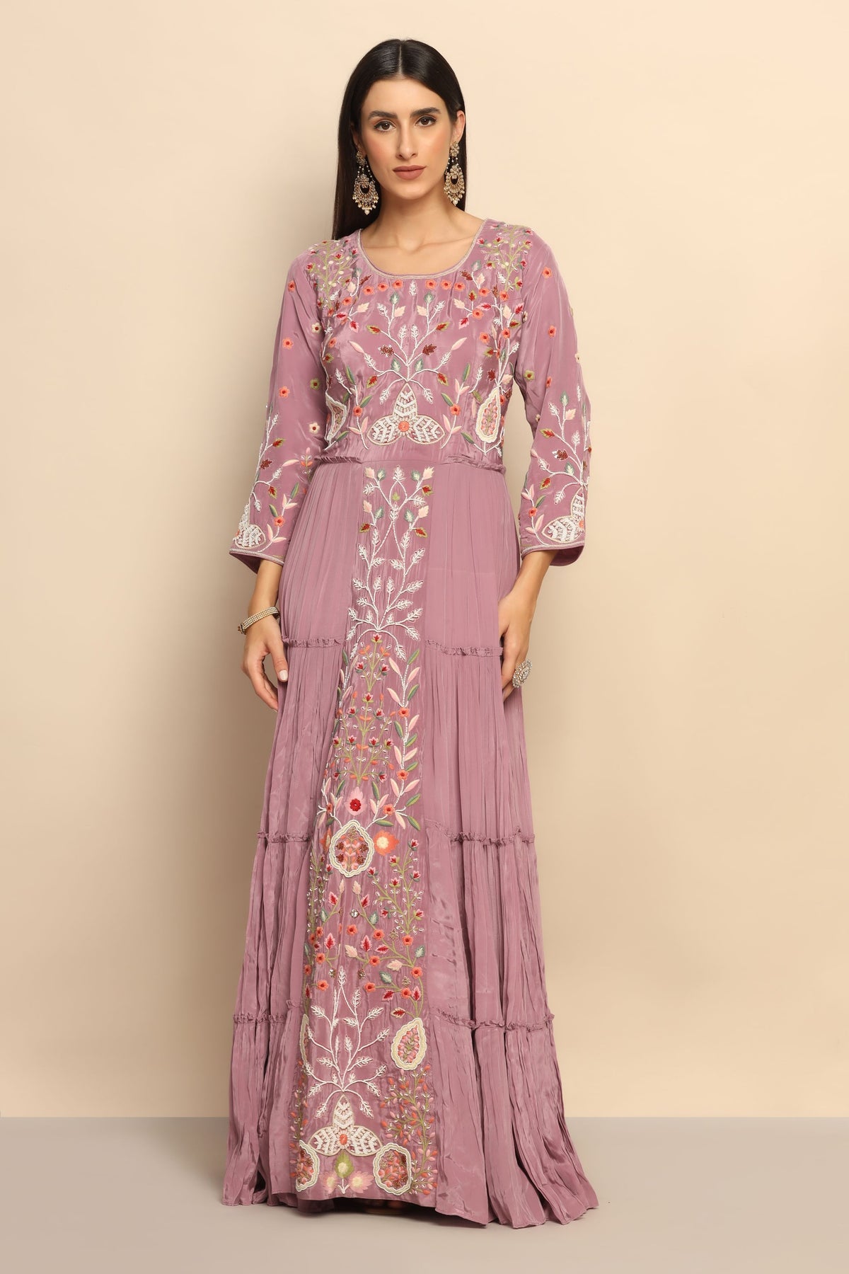 Elegant Mauve Pink Dress with Thread Work and Beads - Embrace Feminine Charm
