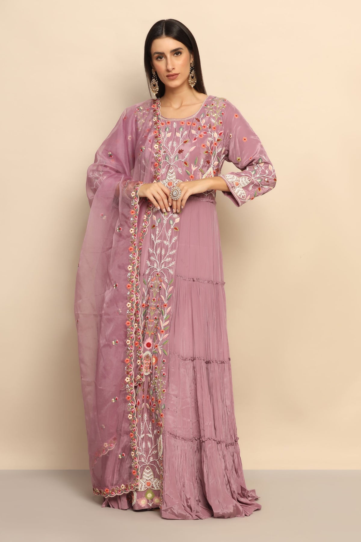 Elegant Mauve Pink Dress with Thread Work and Beads - Embrace Feminine Charm