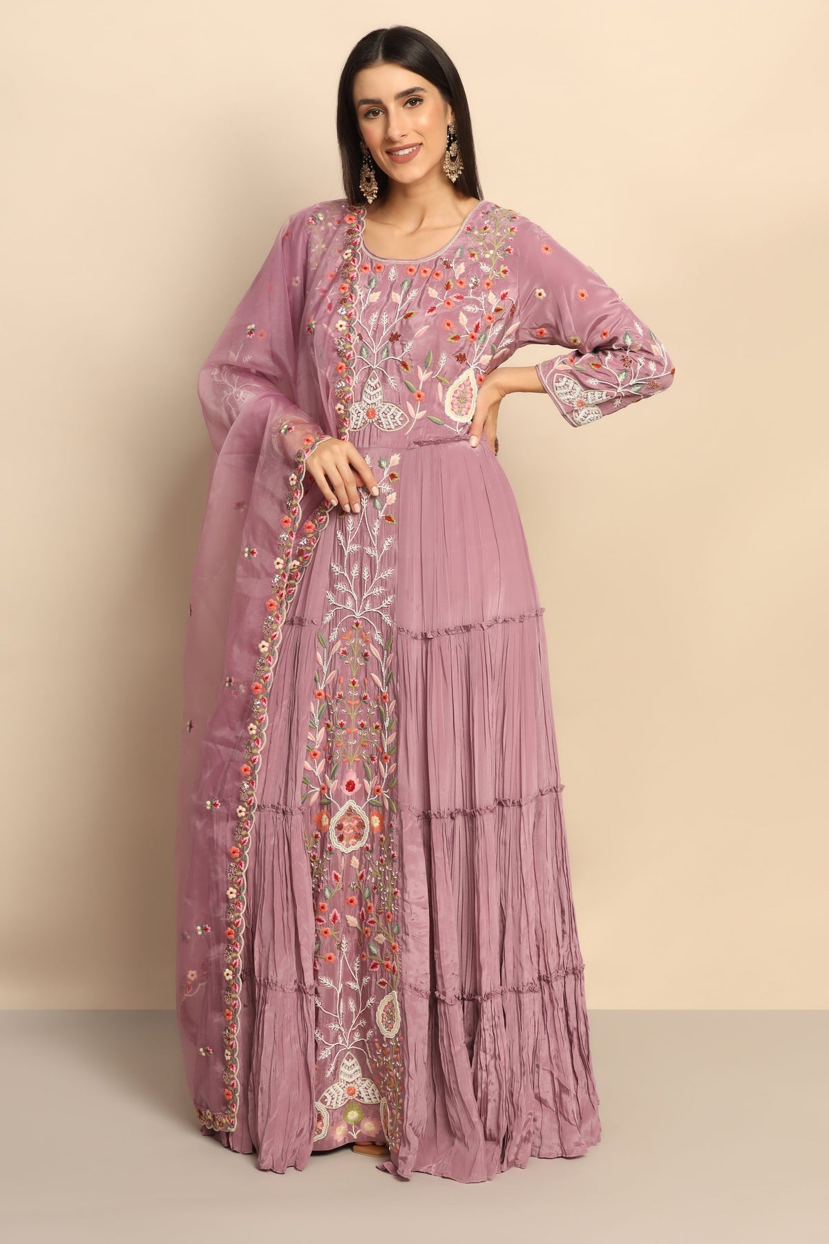 Elegant Mauve Pink Dress with Thread Work and Beads - Embrace Feminine Charm