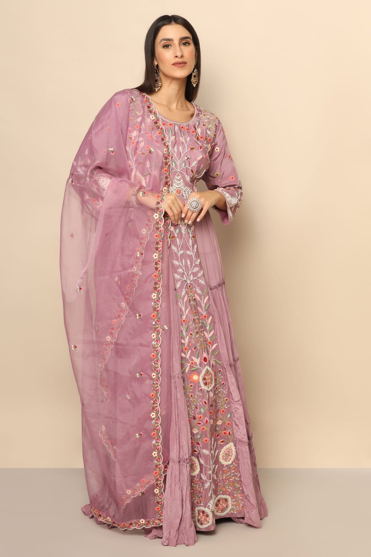Elegant Mauve Pink Dress with Thread Work and Beads - Embrace Feminine Charm
