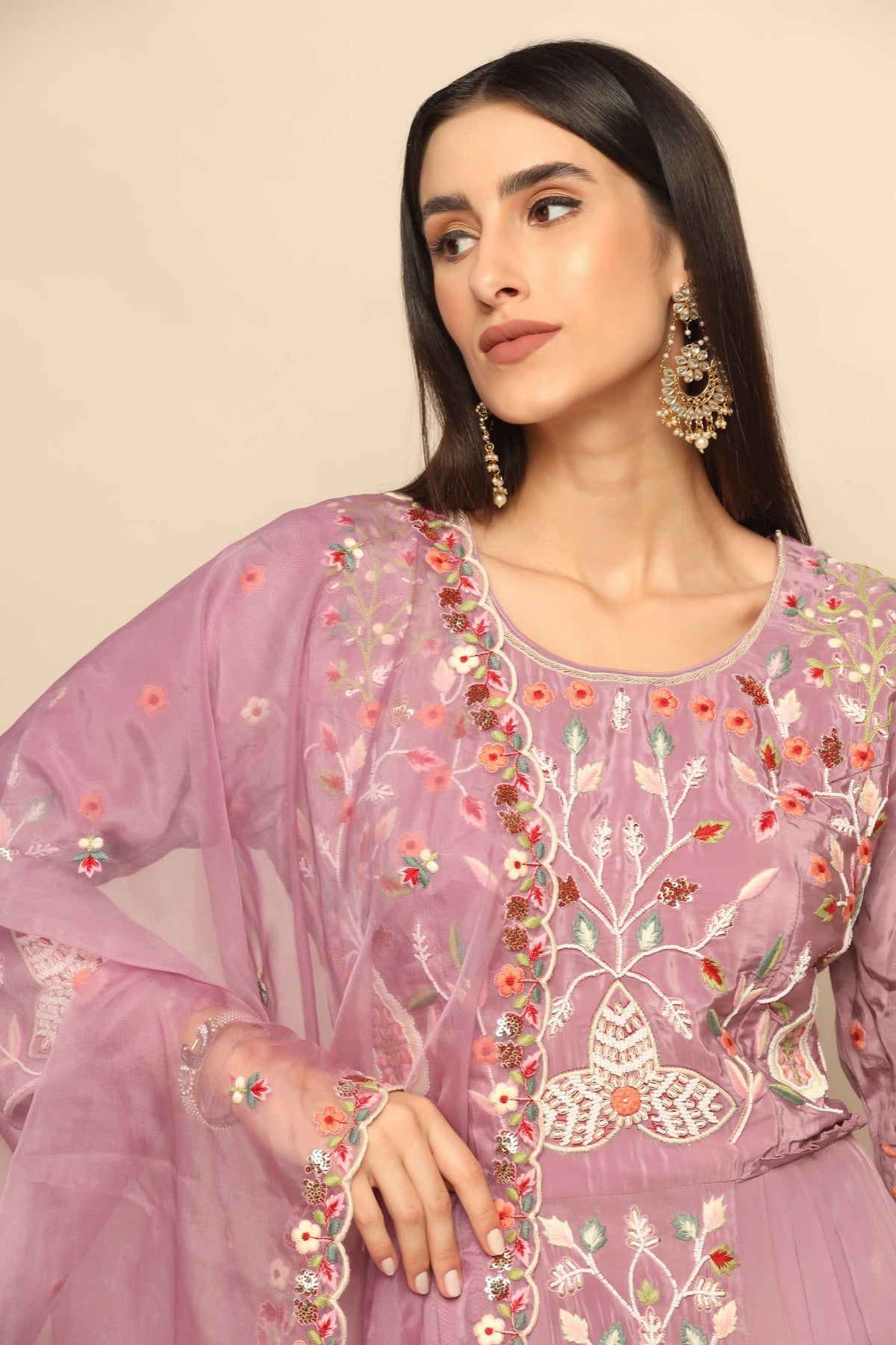 Elegant Mauve Pink Dress with Thread Work and Beads - Embrace Feminine Charm