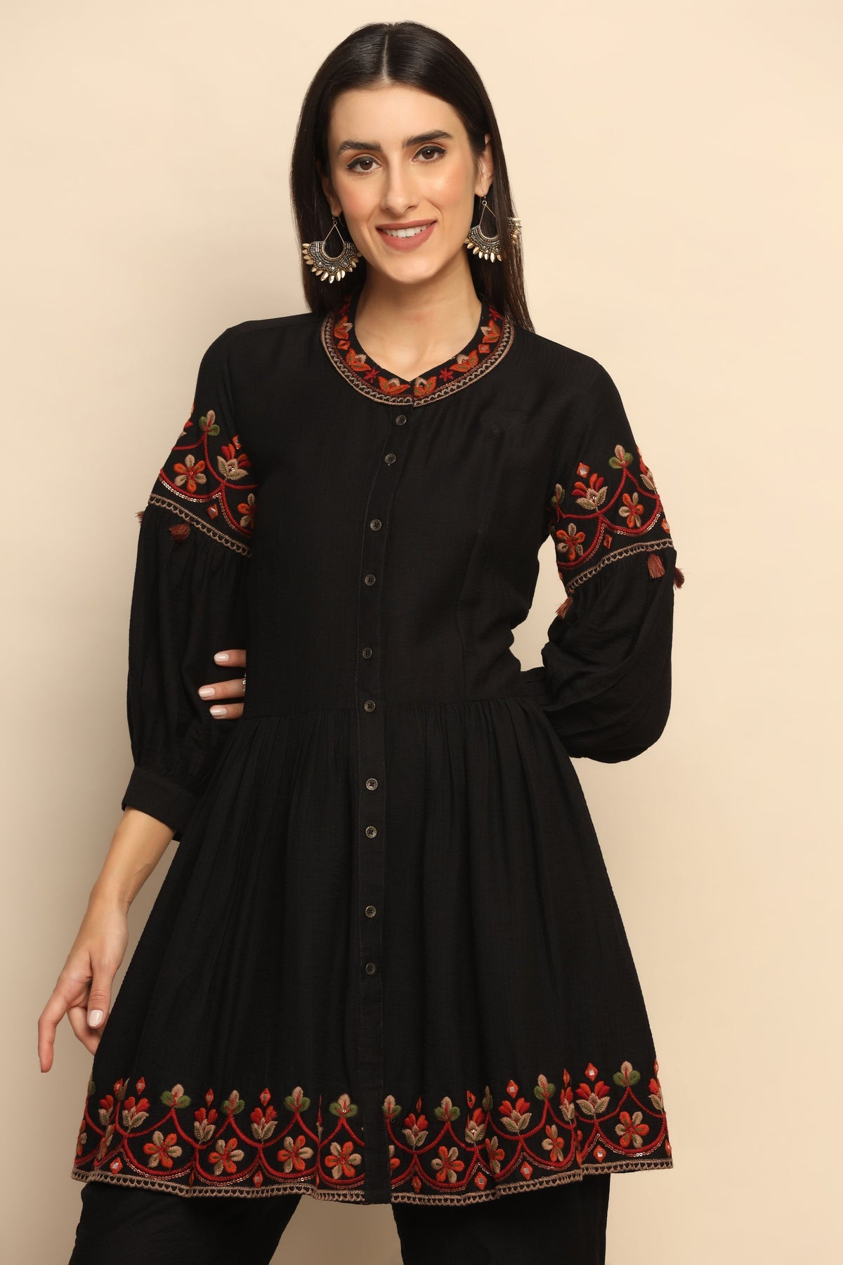 Charming Black Thread Work Tassel Dress - Embrace Effortless Style