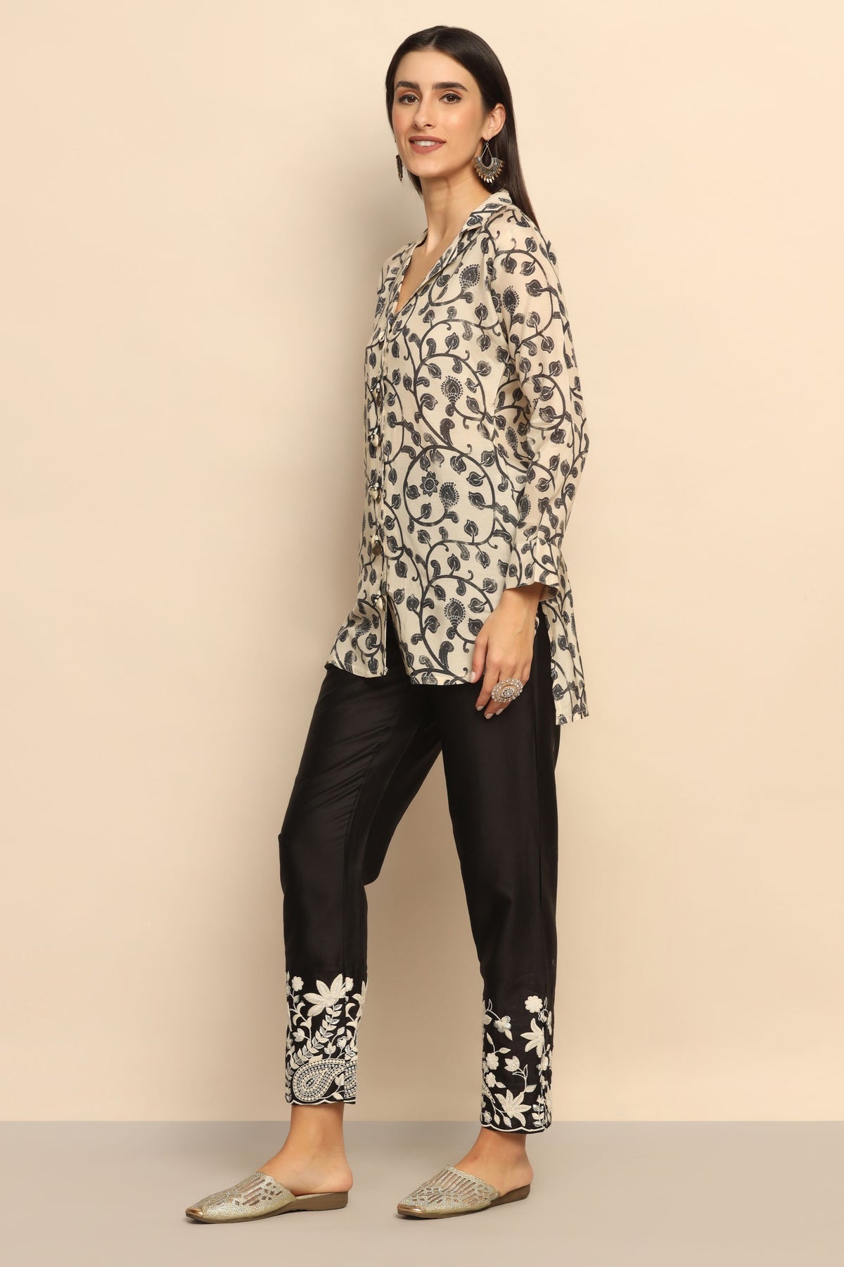 Elegant Black and Off-White Printed Dress with Beads and Sequins