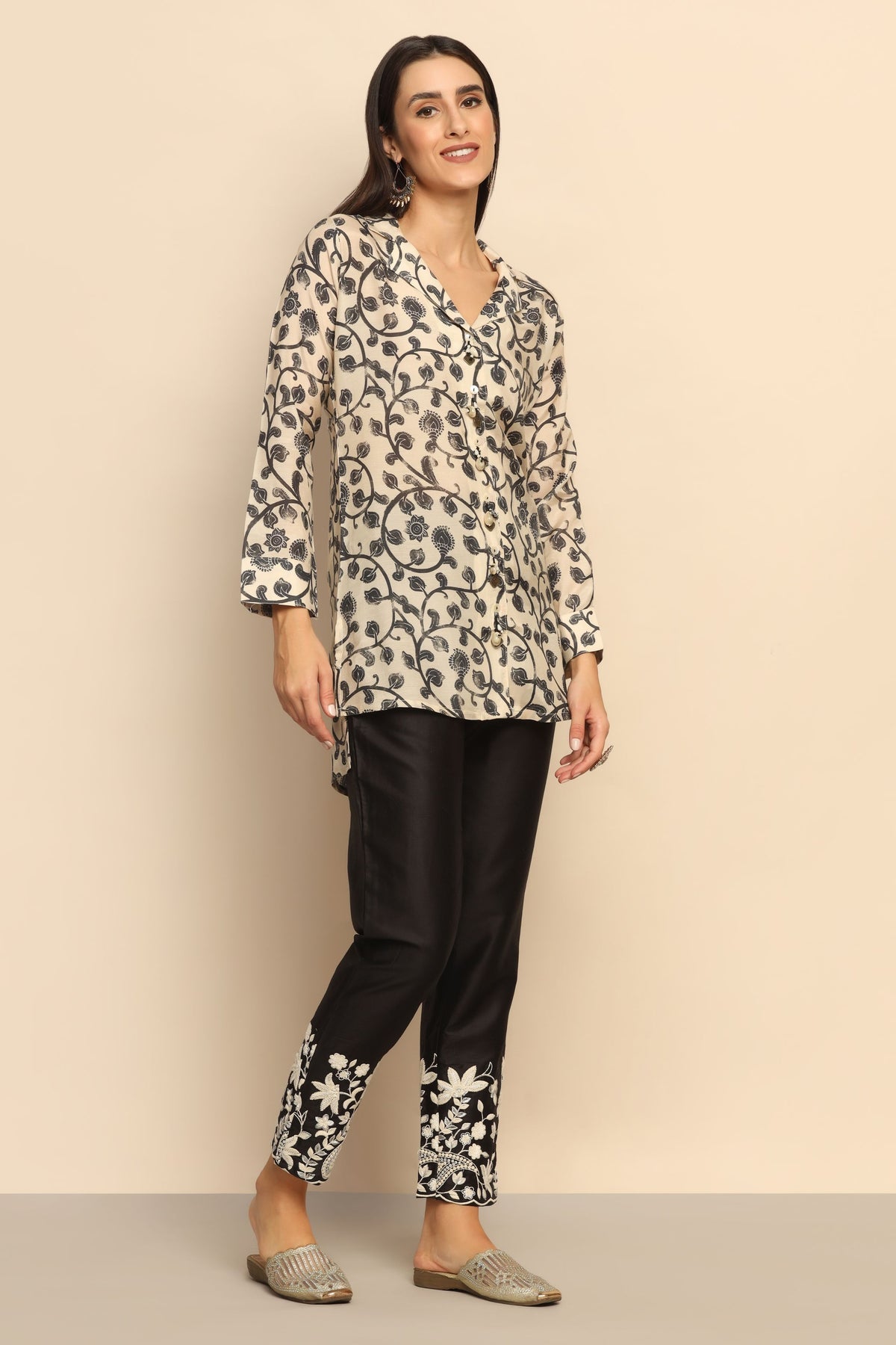 Elegant Black and Off-White Printed Dress with Beads and Sequins