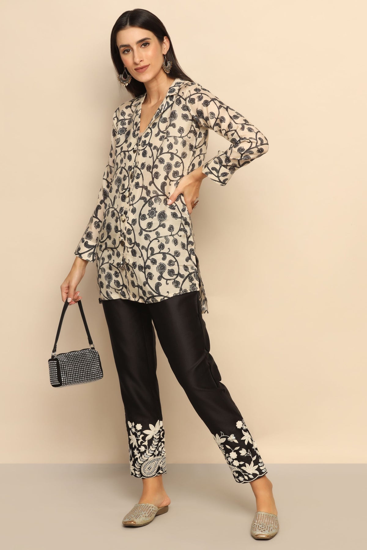 Elegant Black and Off-White Printed Dress with Beads and Sequins