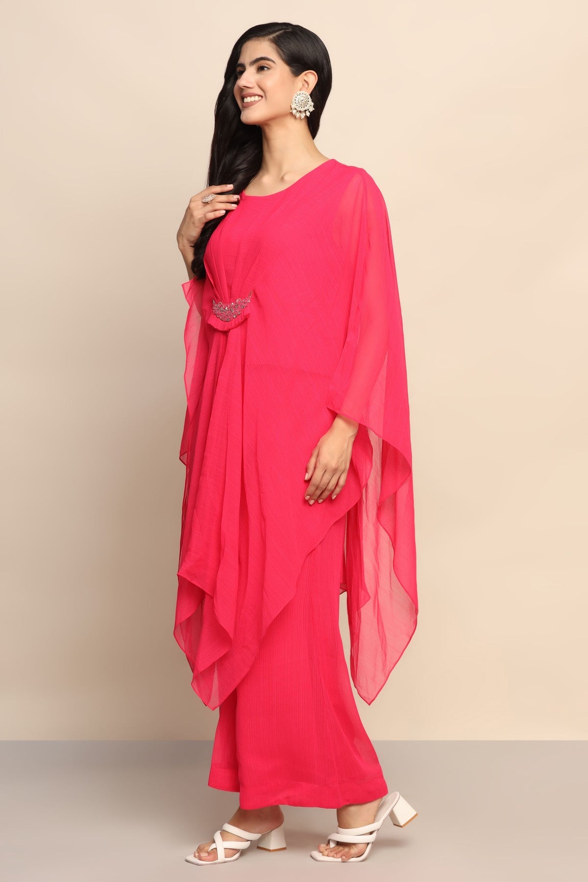 Graceful Delight: Magenta Color Long Top and Palazzo Set in Satin dress