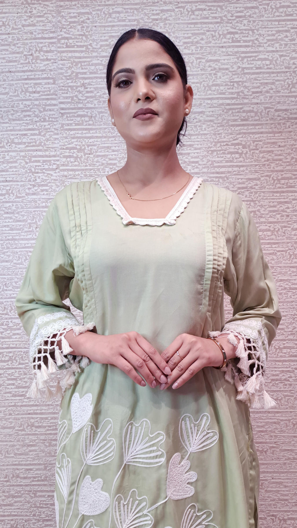 Pastel Green Suit Set In Cotton Linen Fabric Highlighted With Stunning Crochet Work