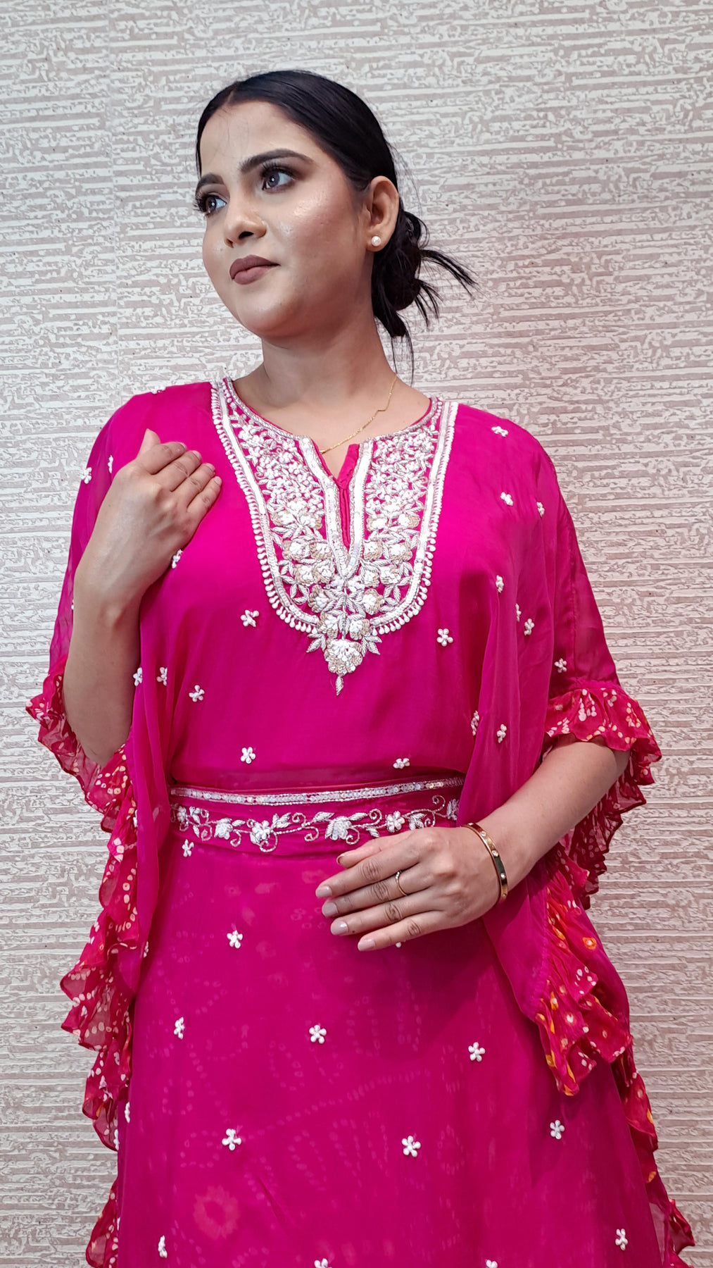 Trendy Kaftan Dress In Vibrant Rani Pink Color With Bandhej Skirt In Chiffon Fabric