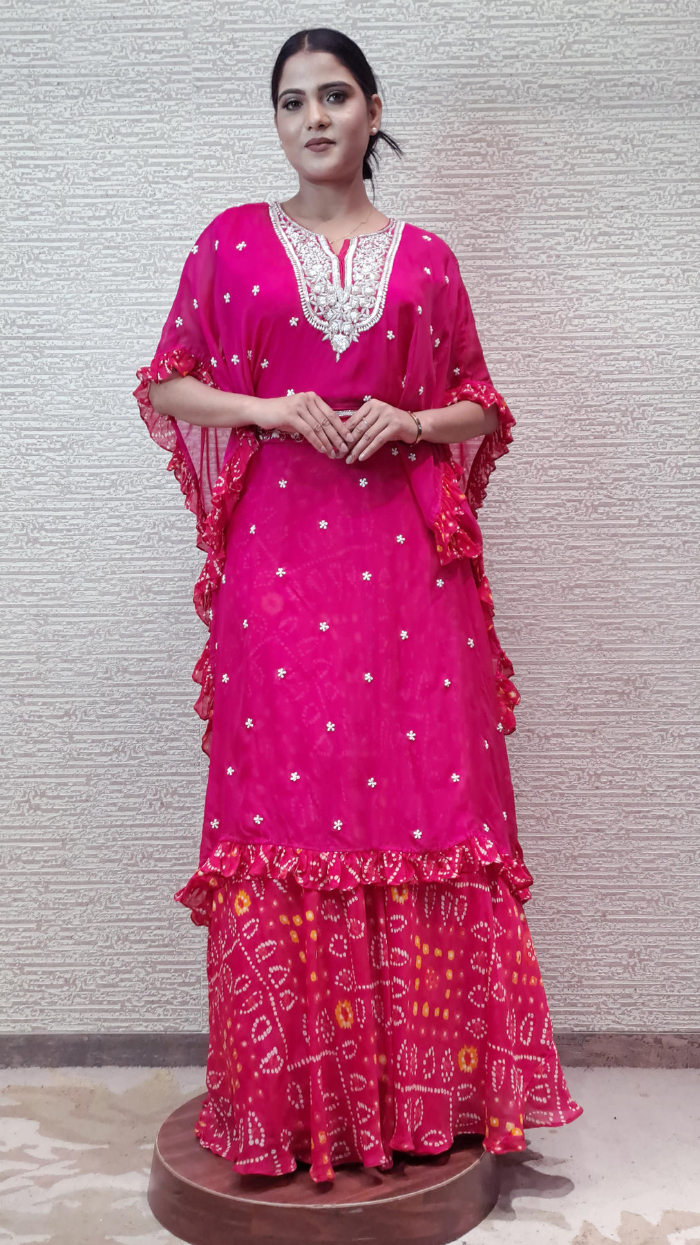 Trendy Kaftan Dress In Vibrant Rani Pink Color With Bandhej Skirt In Chiffon Fabric