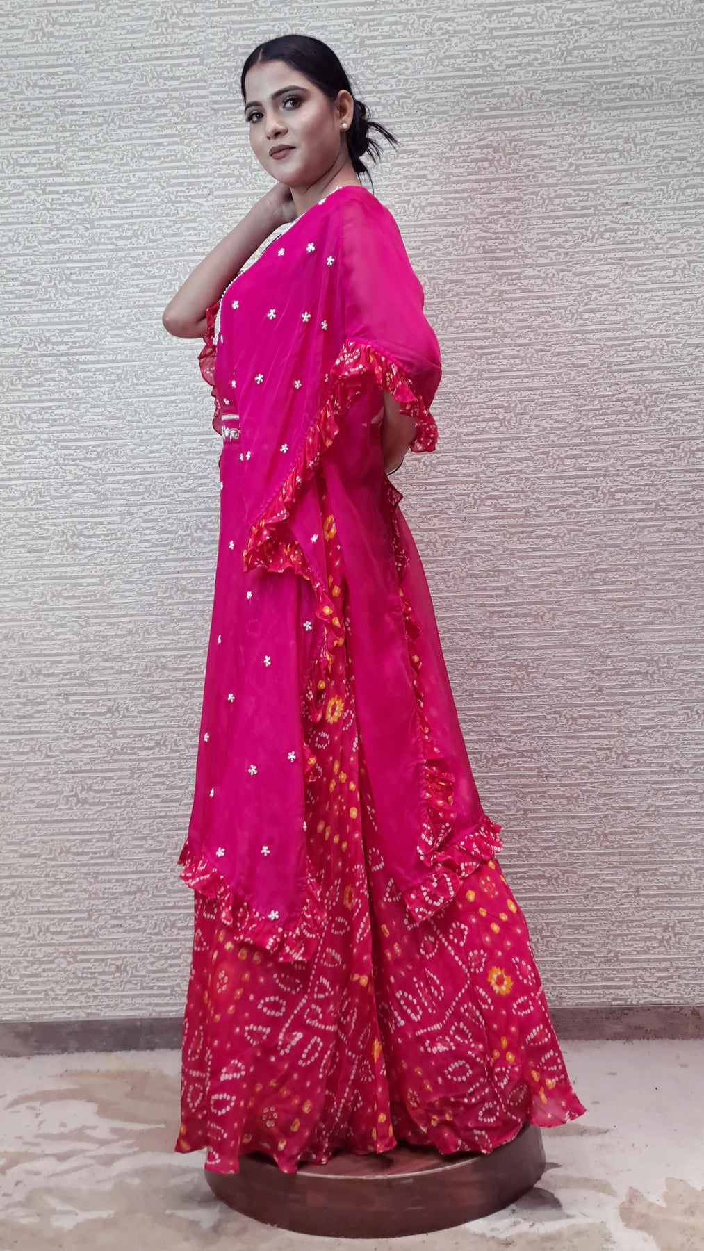 Trendy Kaftan Dress In Vibrant Rani Pink Color With Bandhej Skirt In Chiffon Fabric