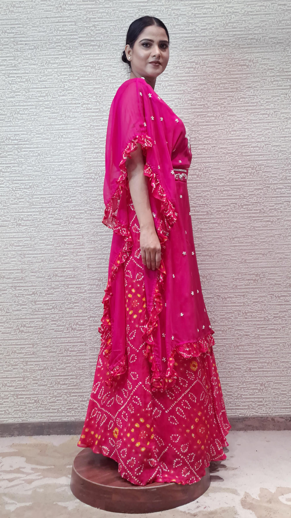 Trendy Kaftan Dress In Vibrant Rani Pink Color With Bandhej Skirt In Chiffon Fabric