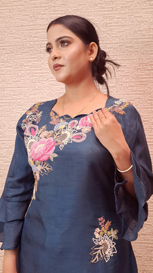 Stunning Deep Teal Blue Bell Sleeves Kurti With 3D Floral Embroidery