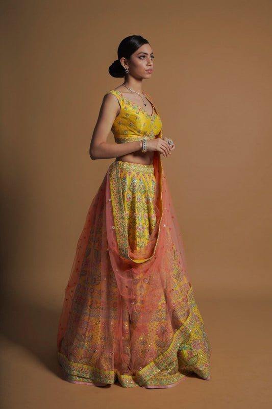 Stylish Butter Yellow Embellished Lehenga with Blouse and Dupatta