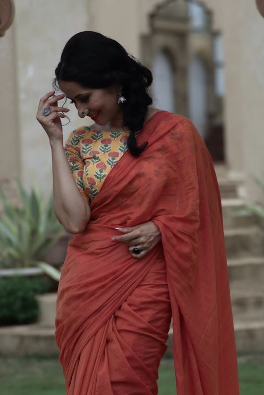 Mulmul Saree with Block Printed Tassels  Sukhe Patton sa Narangi (SAREE)
