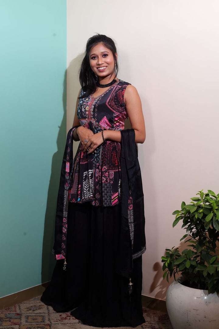 Multi-Color Satin Silk Peplum Kurti with Sharara and Dupatta