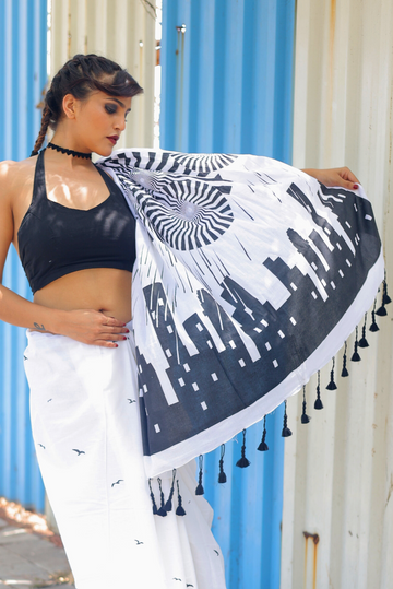 Screen Printed Mulmul Saree  The Rumbling Clouds - White (SAREE)
