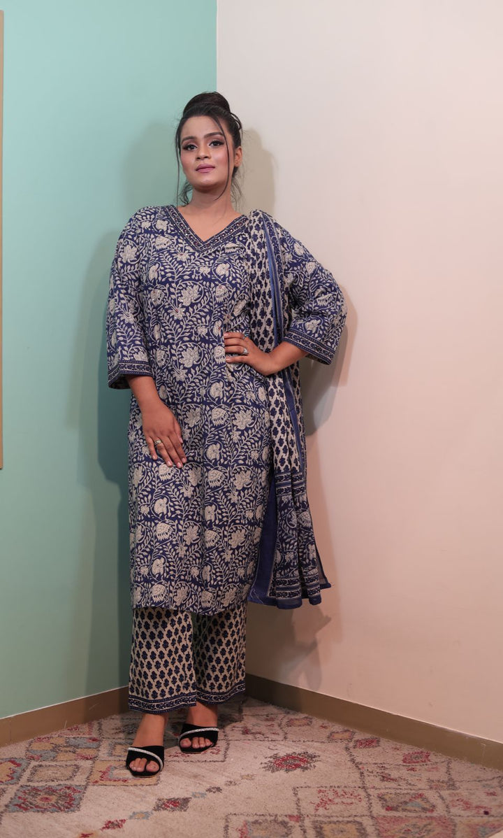 Navy Blue Cotton Kurti with Pant and Dupatta (Plus Size)