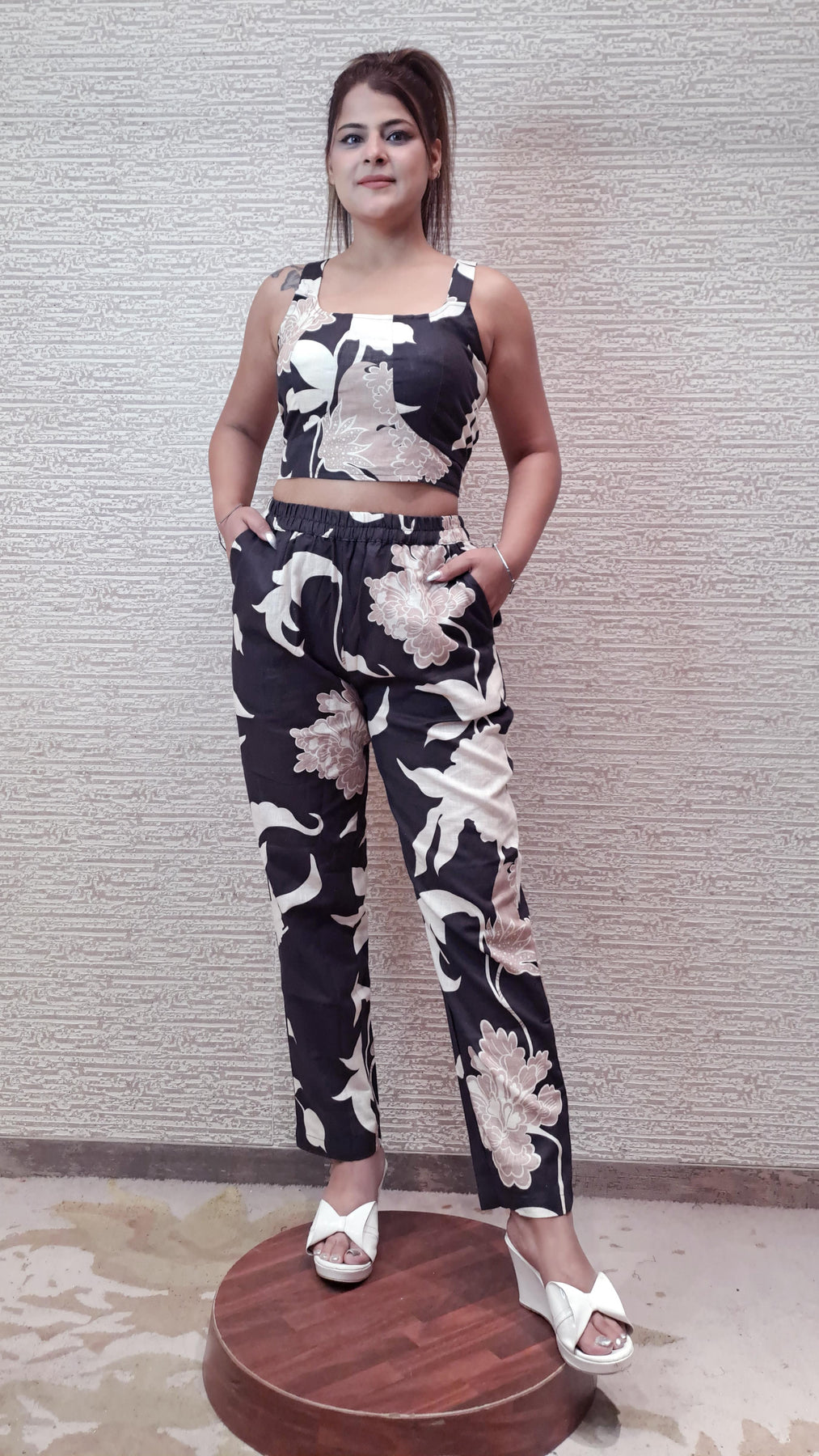 Statement Black And White Co - Cord Set With Jacket In Floral Print