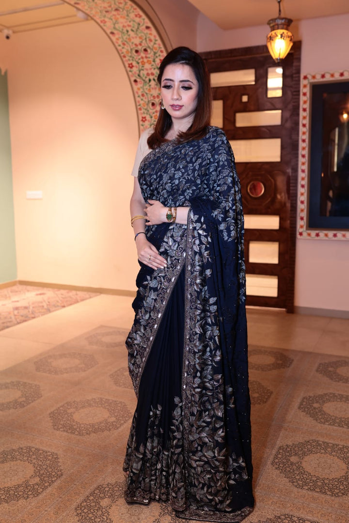 Exquisite Navy Blue Georgette Saree with Intricate Embroidery