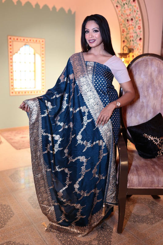 Elegant Blue Banarasi Silk Unstitched Suit Fabric with Exquisite Detailing