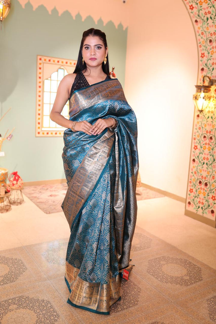 Regal Steel Blue Banarasi Silk Saree with Intricate Zari Work