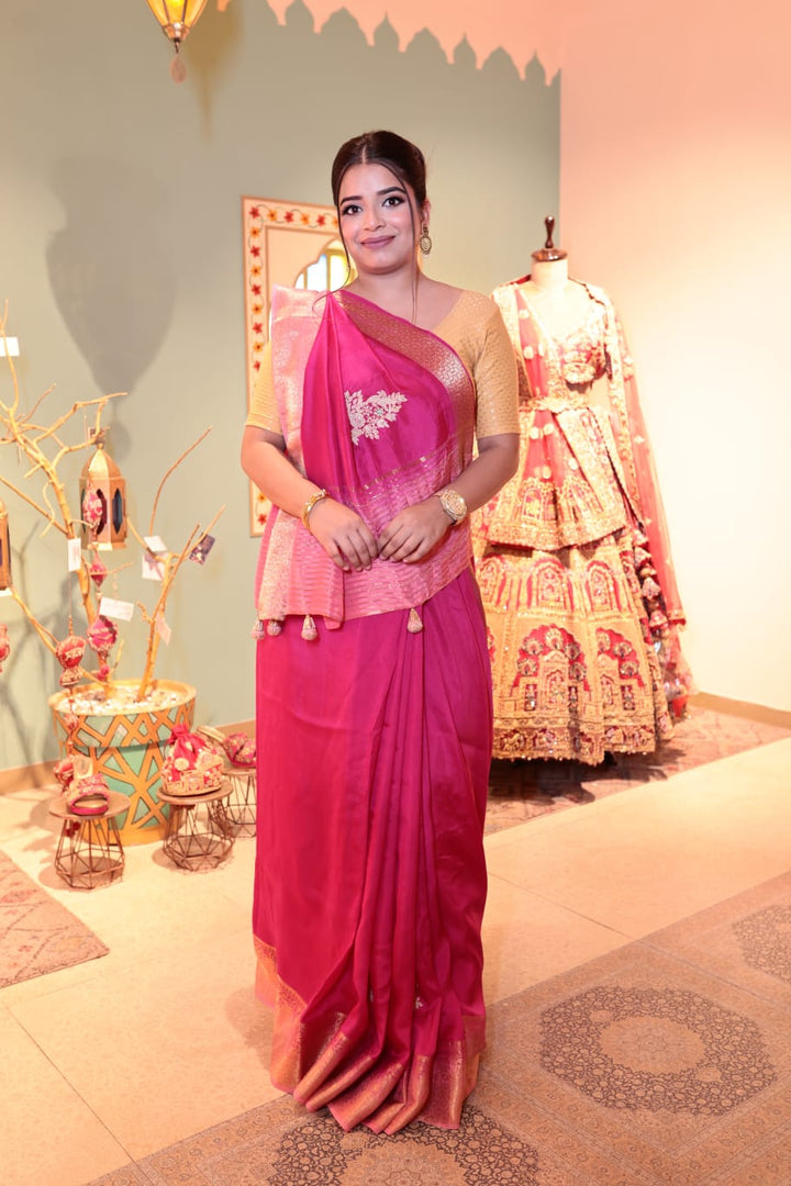 Elegant Hot Pink Handloom Silk Saree with Intricate Embroidery