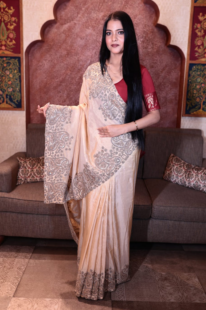 Opulent Cream Lama Silk Saree with Exquisite Embroidery