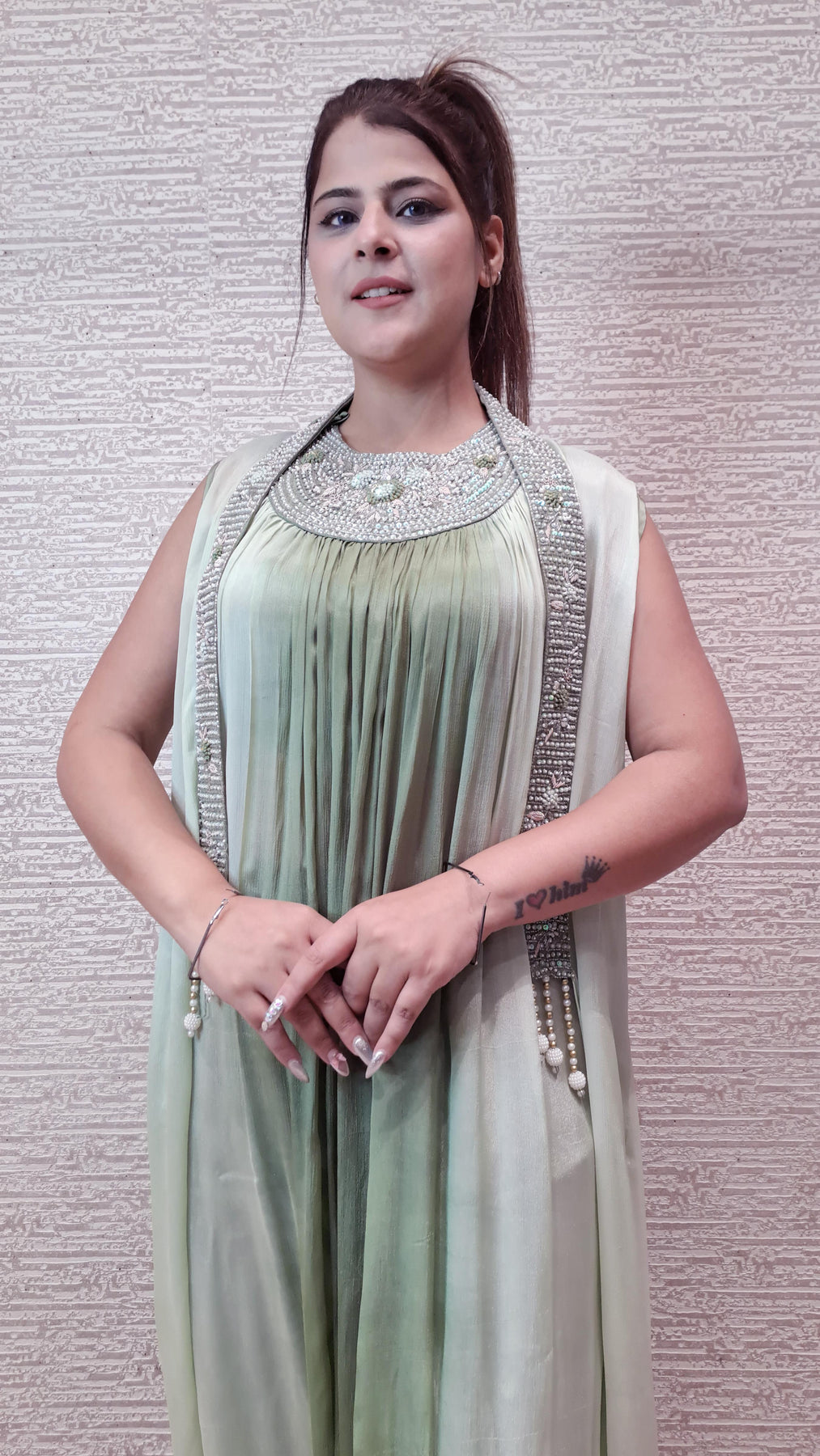 Georgette Jumpsuit In Soothing Shades Of Green With Antique Zari Threadwork